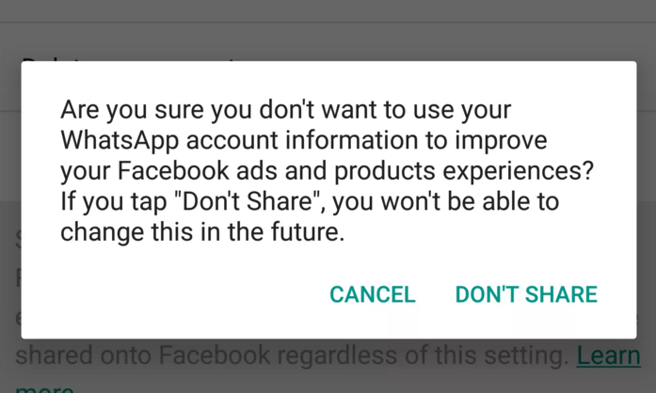 Mensaje de no compartir información de WhatsApp a Facebook